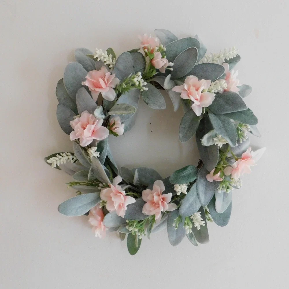 Artificial Lambs‎ Ear Wreath with pink Camilla 13 Inch Diameter Candle Ring